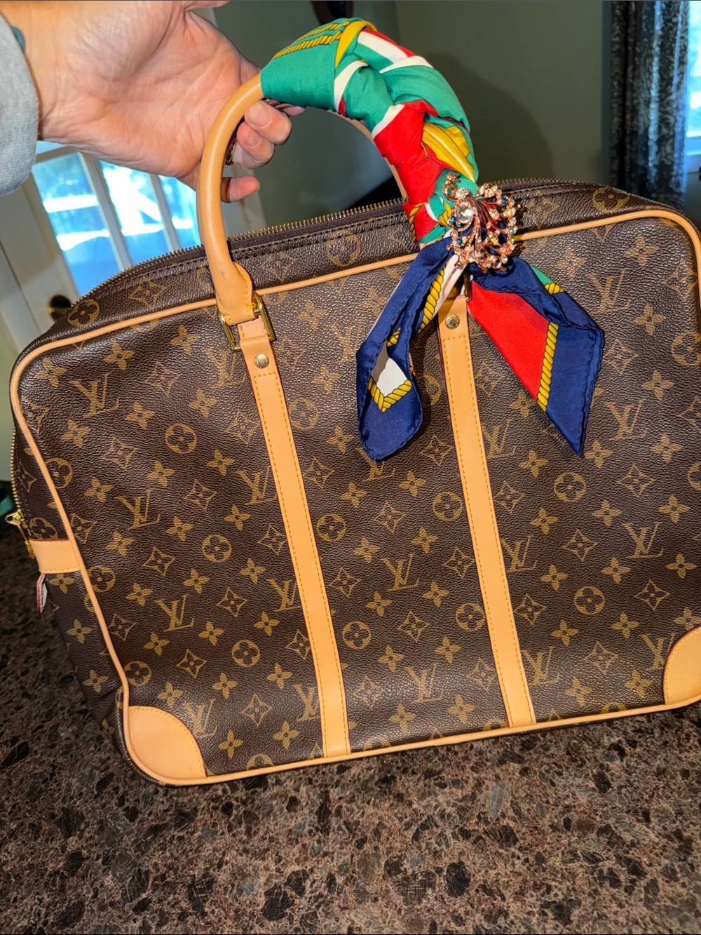 Louis Vuitton Brown Monogram Travel Tote with Multicolor Scarf Accent